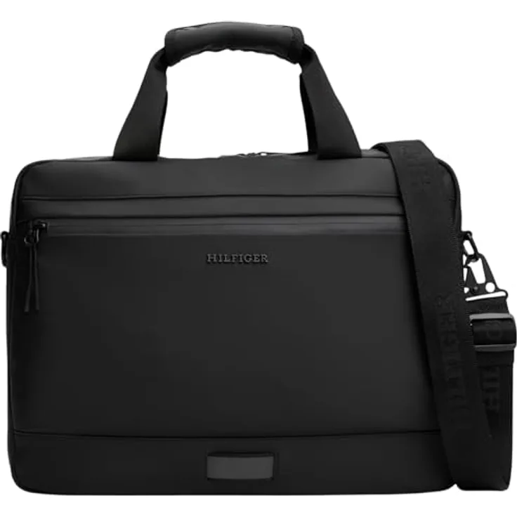 Tommy Hilfiger TH TPU COMPUTER BAG, Laptoptasche für Geschäftsreisen, schwarze Umhängetasche mit Vordertasche und verstellbarem Schulterriemen