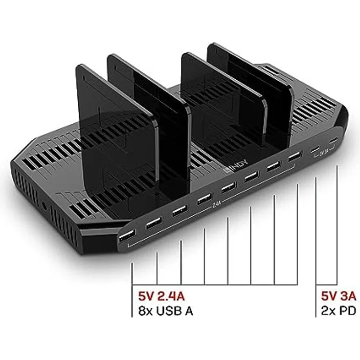 Lindy 120W 10 Port USB-Ladestation, Smart Charging, Typ-A & Typ-C, One Size – Bild 3