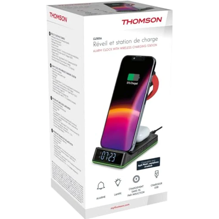 Thomson CL750IA, Wecker und Ladestation, 4 in 1 Induktionsladegerät für Apple-Geräte, mit schlummerfunktion und einstellbarem Nachtlicht – Bild 1
