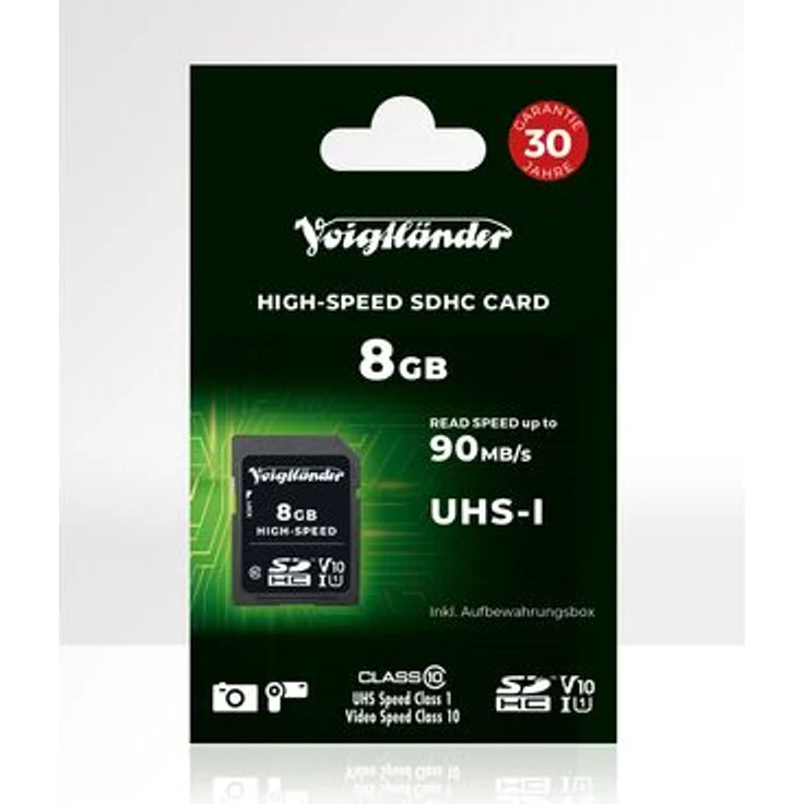Voigtländer High-Speed SDHC 8GB UHS-I Cl10, Datentransfer bis 90/12 MB/s, inklusive Aufbewahrungsbox