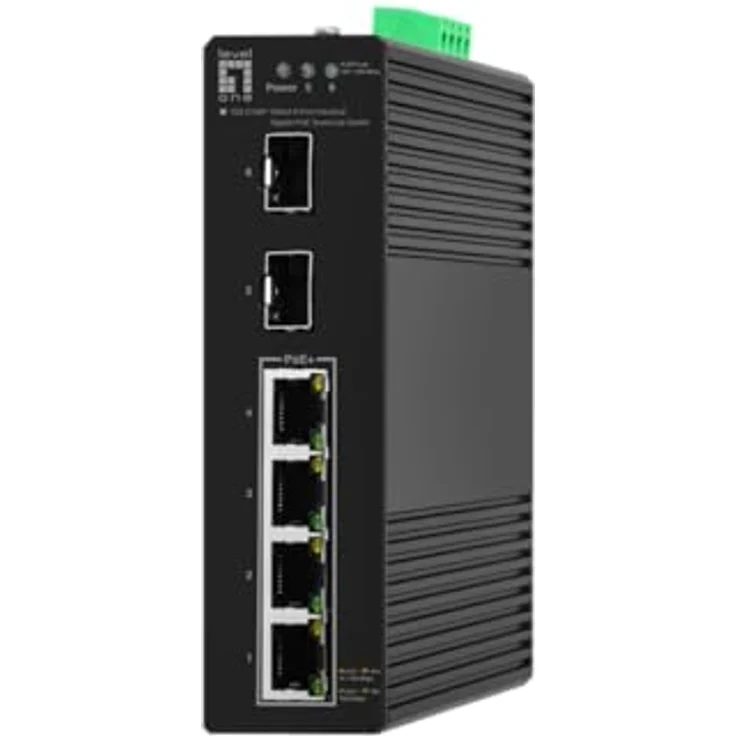 LevelOne IGS-2106P Hilbert 6-Port Industrieller Gigabit PoE Smart Lite Switch, 2 x SFP, 4 PoE-Ausgänge, 802.3at/af PoE, Schwarz – Bild 1