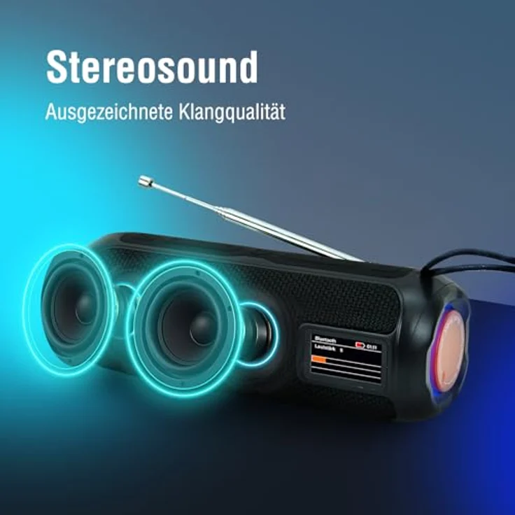 LEICKE DAB+ Radio Tube - Tragbarer Bluetooth Lautsprecher mit 10W Stereo-Sound, DAB+/FM, 4500mAh Akku, RGB-LED, Equalizer, USB-C, Micro SD/AUX, Schwarz – Bild 4