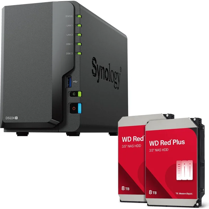 Synology DiskStation DS224+, 2 Einschübe NAS-Server Leergehäuse + 2 x 16 TB WD Red Plus SATA 3.5" HDD