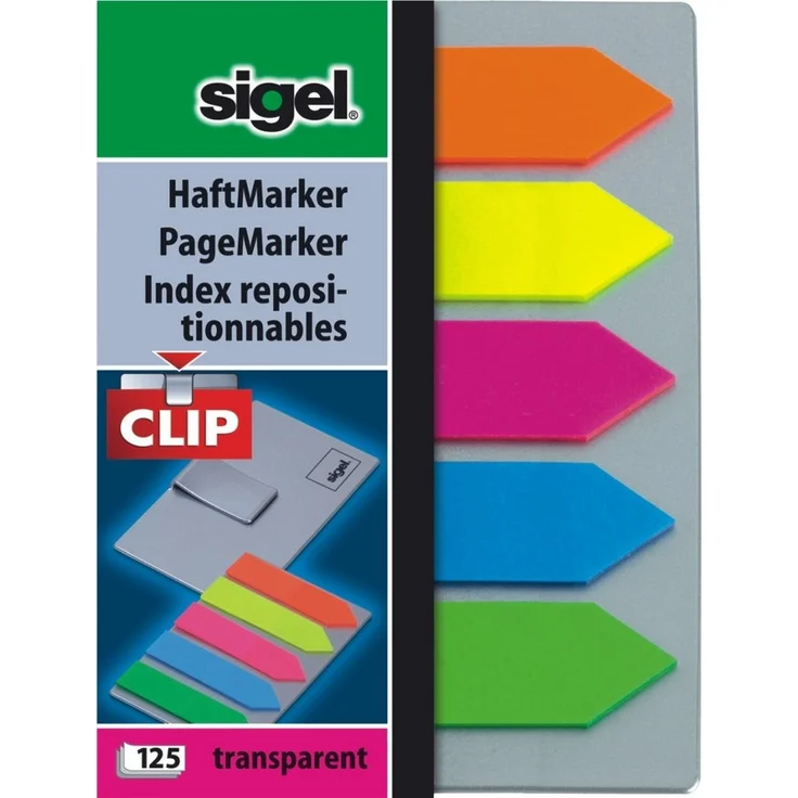 Sigel Haftnotizblock Haftmarker Film, 5 Farben auf Clipkarte, 52x82 mm, 125 Pfeile, 77 g/qm
