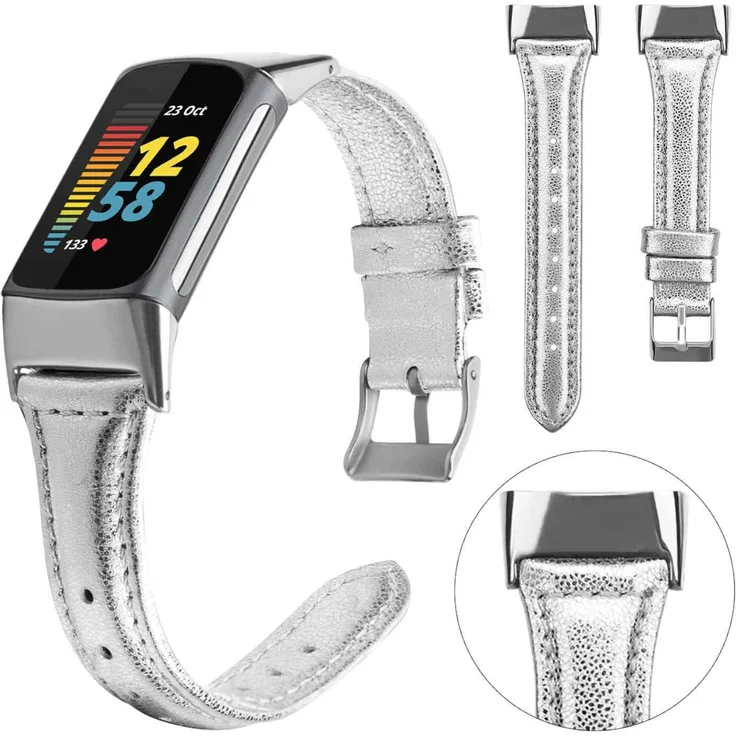 Wigento Leder Armband für Fitbit Charge 6 / 5, Silber, Größe L, hochwertig verarbeitetes Design