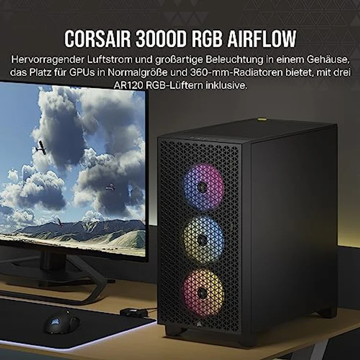 CORSAIR 3000D RGB Airflow Mid-Tower PC-Gehäuse - 3X AR120 RGB-Lüfter - DREI-Slot-GPU-Unterstützung - Geeignet Für Bis zu 8X 120mm-Lüfter - High-Airflow-Design - Schwarz – Bild 2