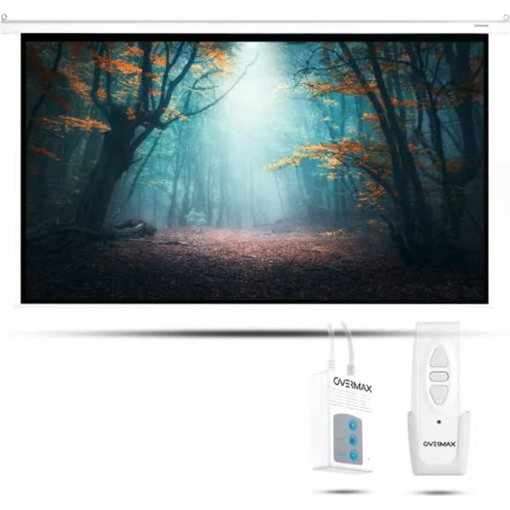 OVERMAX Automatische Hängende Beamer Leinwand groß 120" zoll mit Fernbedienung, 16:9, Abmessungen 266 x 149 cm, Verstellbare Leinwandlänge, Full HD, 4k, Wand-und Deckenmontage, Projektion für Heimkino – Bild 1
