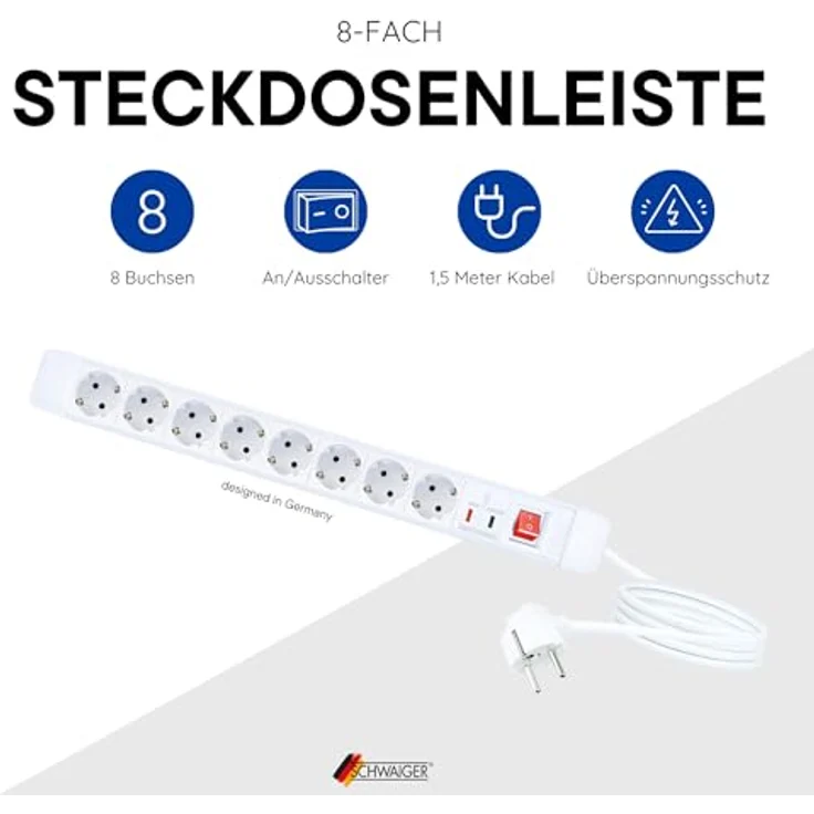 SCHWAIGER 660104 Steckdosenleiste 8-fach mit 1,5 m Anschlusskabel, Überspannungsschutz, Status-LEDs und Kippschalter – Bild 2