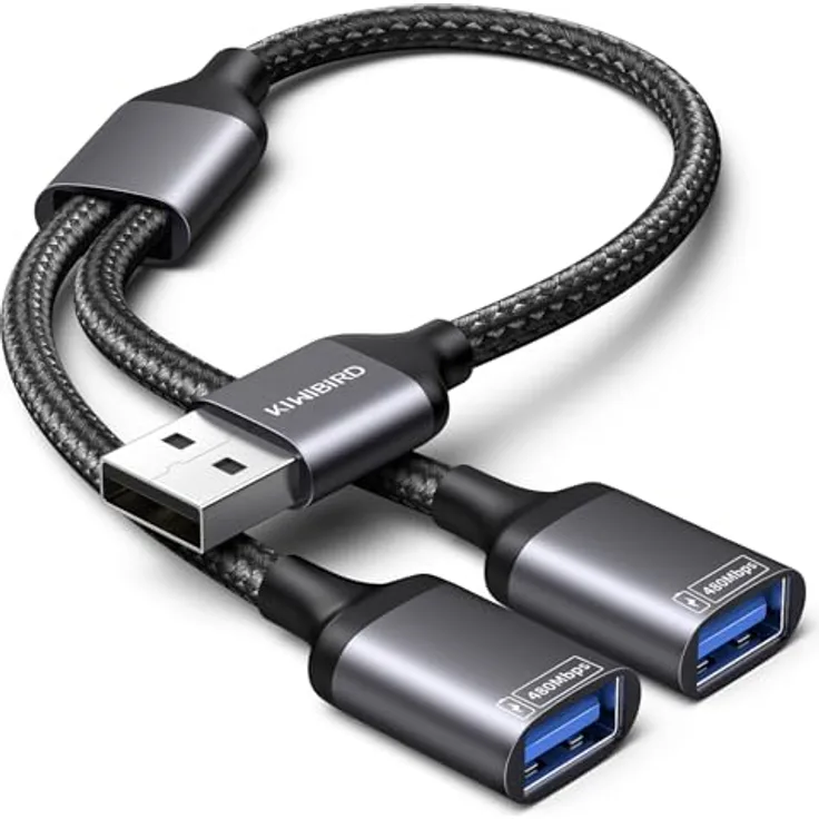 KiwiBird USB Splitter Y-Kabel 1 zu 2, Dual-Port Adapter für USB 2.0 mit 1,5 A Ladestrom und 60 MB/s Datendurchsatz, kompatibel mit PC, Laptop, Mac, PS5 – ideal für Tastaturen und Mäuse