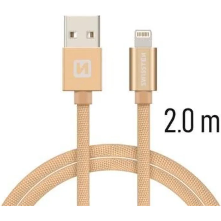 Swissten 71523304, 2 m Lightning USB A Kabel, Männlich-Männlich, Gold, bis 3 A, textilverstärkt, 480 Mbit/s