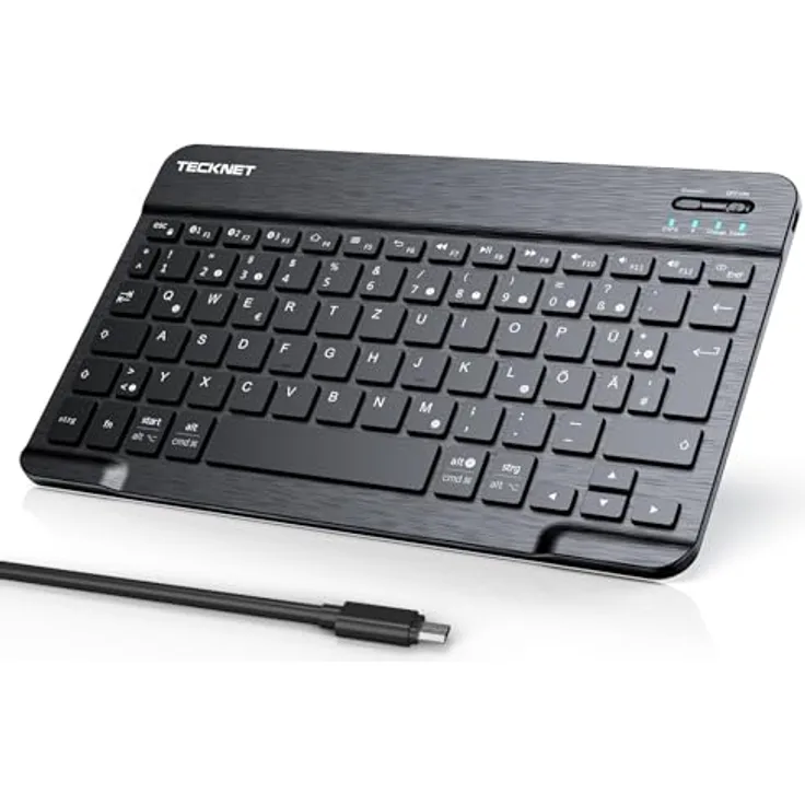 TECKNET Wiederaufladbare Bluetooth-Tastatur, mit 80cm USB Kabel, Ultra Dünn Wireless Bluetooth Keyboard Deutsches Layout QWERTZ BT5.1 Tragbare Kabellose Tastatur Bluetooth für Windows, iOS, Android