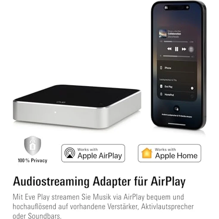 Eve Play – Audiostreaming Adapter für AirPlay, Automatischer Latenzausgleich, Leistungsstarker Digital-Analog-Wandler, DREI Audioausgänge, Apple Home, Ethernet und WiFi – Bild 2