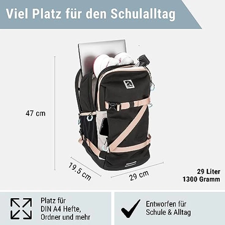 Audetic Schulrucksack Mädchen Teenager Schwarz Rosa - Cosmo - Schulranzen für Klasse 5 - Ergonomische Schultasche mit vielen Fächern für Schule & Freizeit - Wasserabweisend – Bild 2