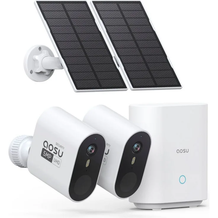 Aosu SolarCam Max, Überwachungskamera Set mit 2 Solaraußenkameras, 5MP Auflösung, 166° Sichtfeld, intelligente Cross-Camera-Verfolgung und AOSU-Base