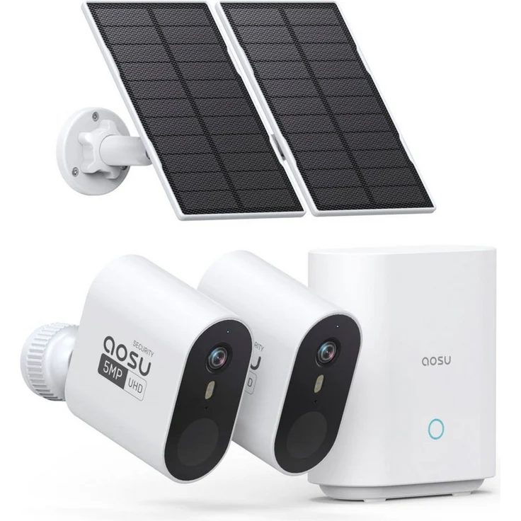 Aosu SolarCam Max, Überwachungskamera Set mit 2 Solaraußenkameras, 5MP Auflösung, 166° Sichtfeld, intelligente Cross-Camera-Verfolgung und AOSU-Base