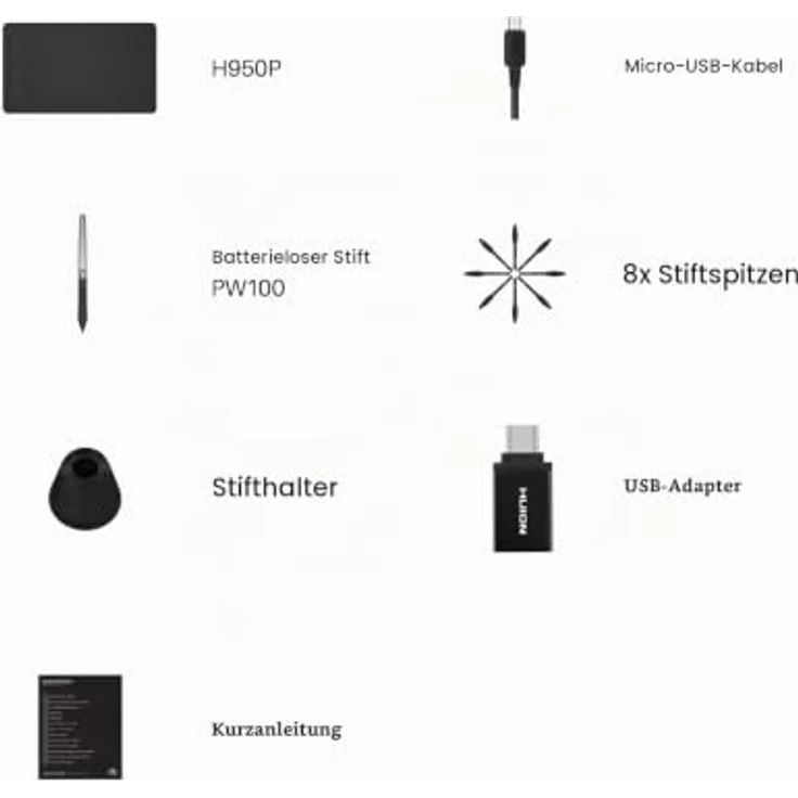 HUION H950P, Grafiktablett, kabelgebunden, 5080 lpi, 220 x 137 mm, USB, Schwarz – Bild 8