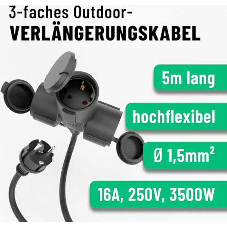 greate 3fach Verlängerungskabel außen 5 Meter - Wasserdicht IP44 - Outdoor Extension Cord 3500W - Schwarz – Bild 2