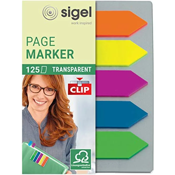 Sigel Haftnotizblock Haftmarker Film, 5 Farben auf Clipkarte, 52x82 mm, 125 Pfeile, 77 g/qm – Bild 1