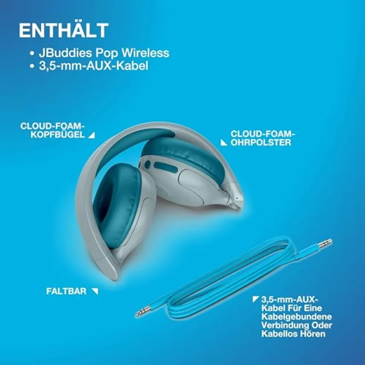 JLab Audio JBuddies Pop, kabellose On-Ear Kinderkopfhörer mit 48 h Akkulaufzeit, Lautstärkebegrenzung, Teal – Bild 8