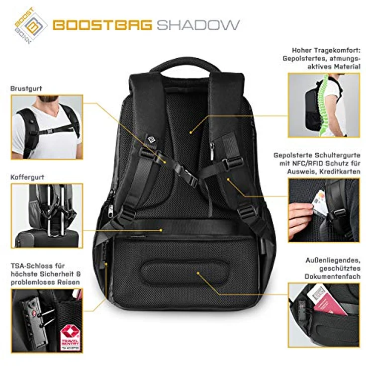 BoostBag Shadow Anti Theft Backpack - Boostboxx Anti Diebstahl Rucksack mit Fächern für Reisepass, Kreditkarte mit RFID Schutz, 15,6" Laptop/Notebook, Ipad, Tablet, Handy usw. mit TSA Schloss und USB – Bild 4
