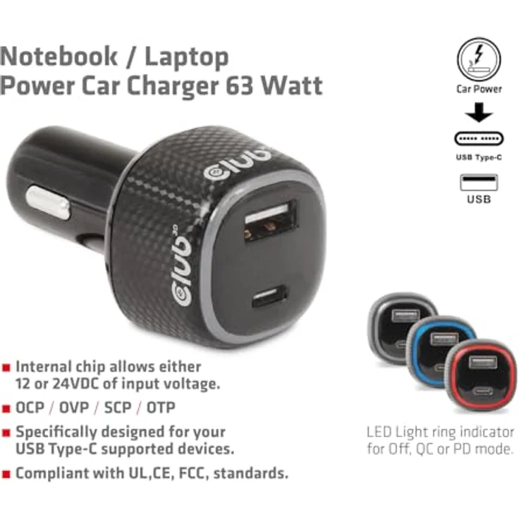 Club3D CAC-1922 KFZ-Ladegerät 12V/24V, 63 Watt mit Überstromschutz und USB Typ-C Unterstützung – Bild 2
