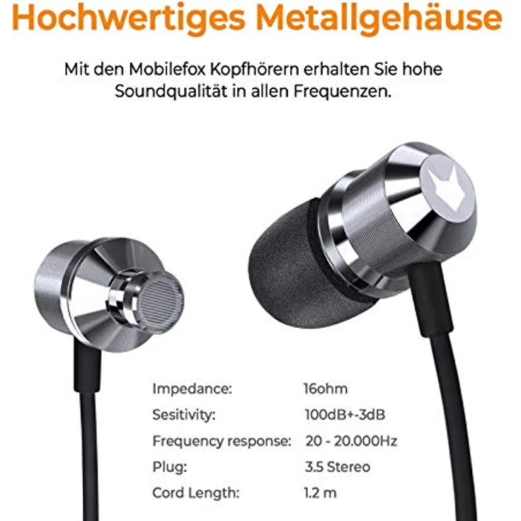 Mobilefox In-Ear Kopfhörer Headset Magnet Sport Design Memory Foam Ohrhörer Mikrofon Anthrazit, Aluminium, 3,5mm Klinkenanschluss – Bild 5