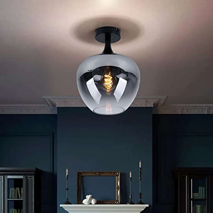 GLOBO Deckenlampe Rauchglas Wohnzimmerleuchte, Metall schwarz, 1x E27, DxH 24x31,5 cm – Bild 3