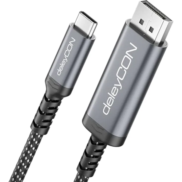deleyCON 2m USB-C auf DisplayPort Kabel, 4K@60Hz und 2K@165Hz, mit Nylonkabel und Knickschutz, kompatibel mit iPhone 17/16/15, MacBook, iPad Pro/Air, Galaxy S25/S24