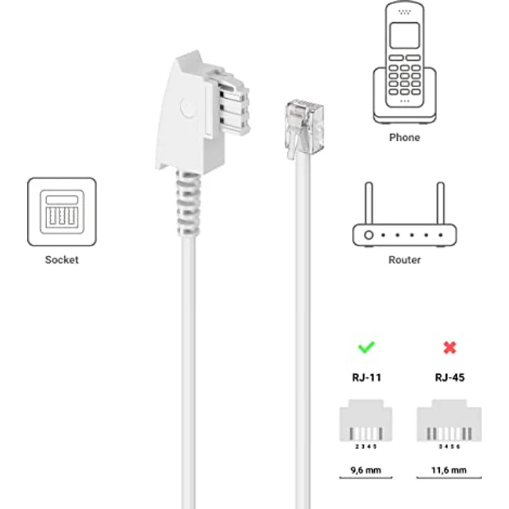 deleyCON 10m Telefonkabel TAE-F Stecker auf RJ11 Stecker Int. Norm 6P4C Flachkabel Analoge Endgeräte an TAE-F Telefondose Telefon Fax Modem Router Anrufbeantworter Weiß – Bild 2