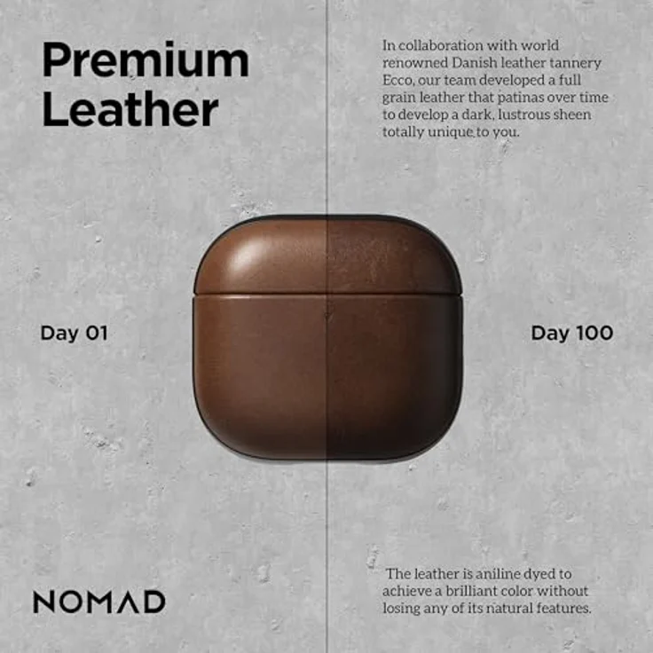 Nomad Modern Leather Case für AirPods 4, zweiteilige Schutzhülle aus hochwertigem Echtleder und Polycarbonat, braun, kabelloses Laden kompatibel – Bild 3