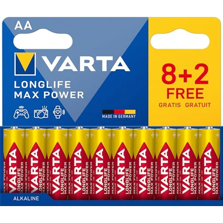 VARTA Longlife Max Power AA Batterien, 10 Stück (8+2), Alkaline, 1,5V, ideal für Digitalkamera und Controller, recycelte Verpackung, Made in Germany – Bild 2