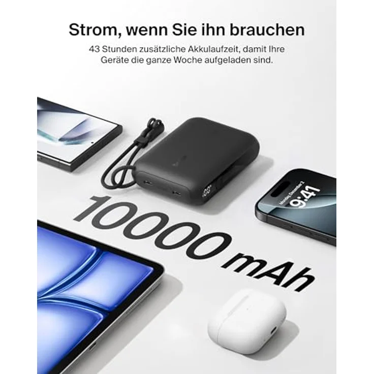 Belkin Powerbank 10.000 mAh, Powerbank mit 2 USB-C-Anschlüssen und digitaler Akkuanzeige, 20 W Leistung für iPhone 16/15, Samsung Galaxy S25/S24, Pixel 9, iPad – Schwarz – Bild 4