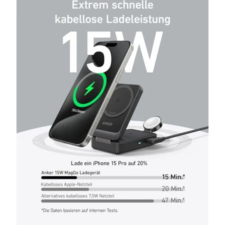 Anker MagGo 3-in-1 Ladestation, Qi2 zertifizierter 15W kabelloser Ladeständer, MagSafe kompatibel, Apple Watch Ladegerät, Für iPhone 15/14, AirPods, Apple Watch 9 (Mit 40W USB-C Netzteil) – Bild 2