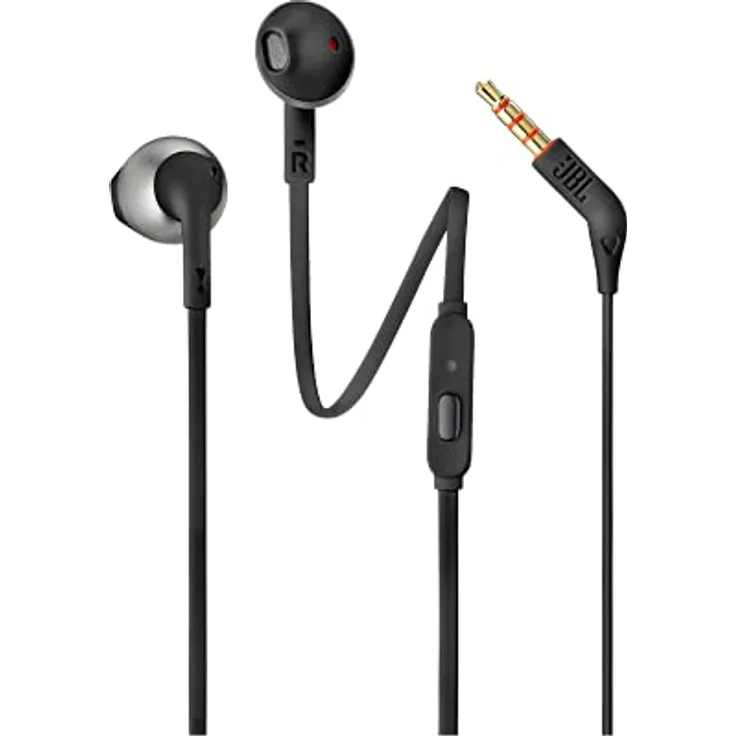JBL T205, In-Ear-Kopfhörer mit JBL Pure Bass Sound, leicht und bequem mit Eintasten-Fernbedienung, schwarz
