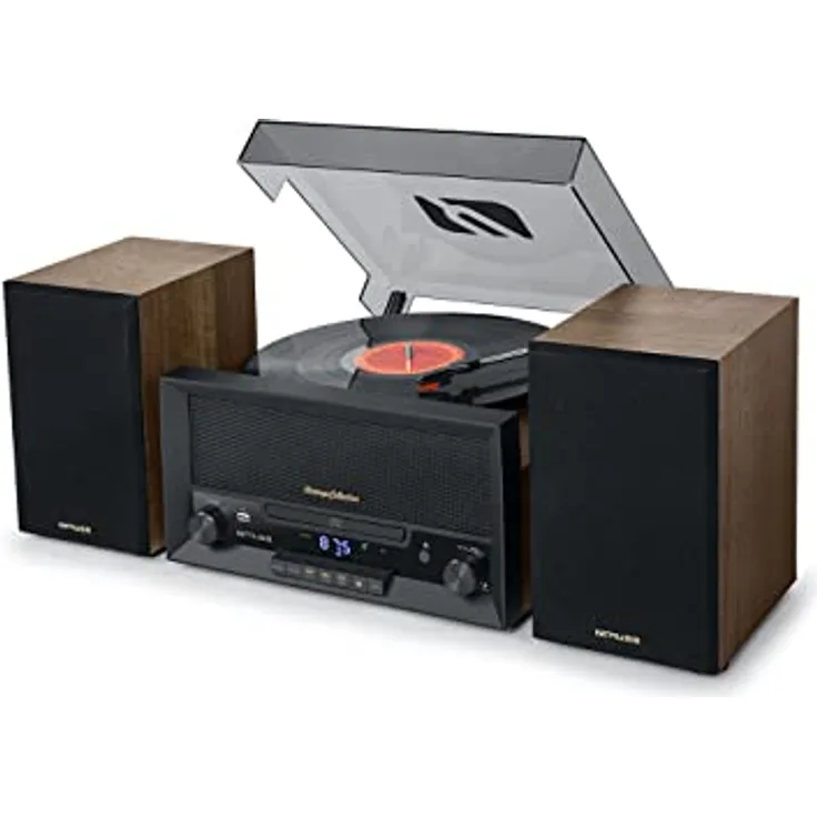 MUSE MT-120 MB Stereo-Mikrosystem mit Lautsprechern, Plattenspieler, Radio, Bluetooth, USB, AUX, CD Holz/Schwarz - Retro-Design, hochwertiges Echtholzgehäuse, vielseitige Anschlussmöglichkeiten