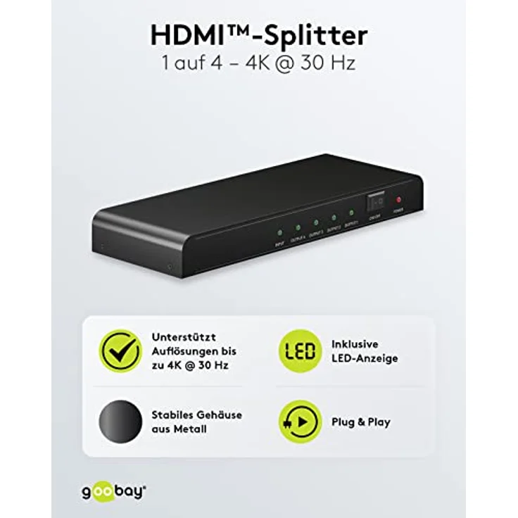 goobay 58482 HDMI Splitter 1 in 4 Out / 4K bei 30Hz (2160p) HDMI Verteiler/HDMI 1.4 Switch für Vier Monitore mit 60Hz bei 1080p – Bild 4