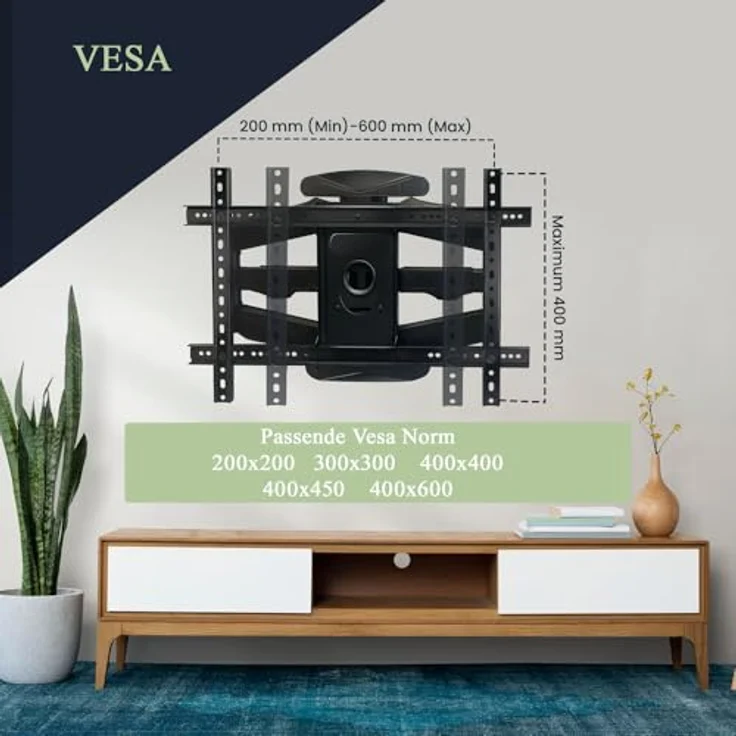 MK-Digital TV-Wandhalterung für 40-75 Zoll (100-189cm) Bildschirme bis zu 45kg Max VESA 600x400mm, LCD, LED Fernseher Wandhalterung Schwenkbar, Neigbar, Universal TV Halterung für Flach und Curved TV - Schwarz – Bild 2