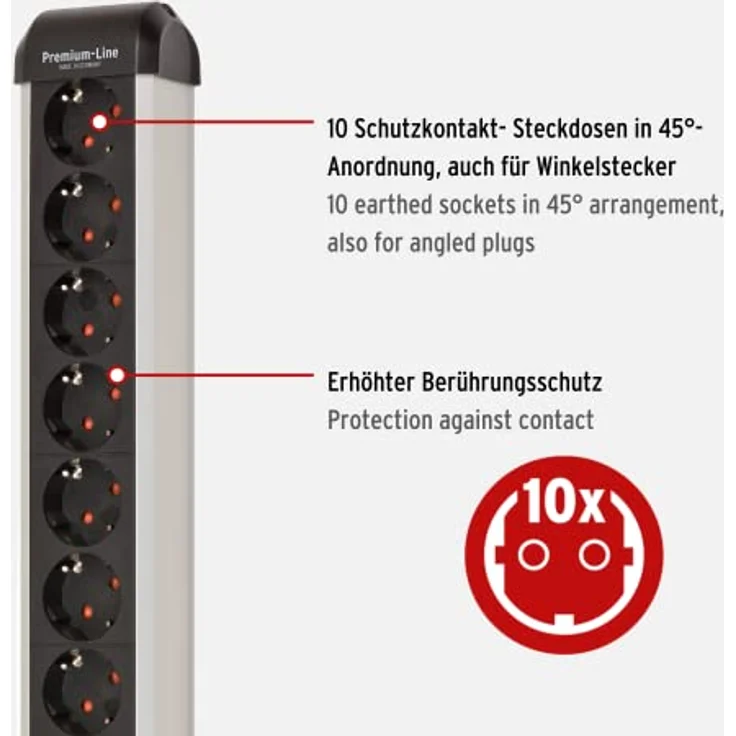 Brennenstuhl Premium-Alu-Line Steckdosenleiste 10-Fach/Steckerleiste aus hochwertigem Aluminium (Mehrfachsteckdose mit Schalter und 3m Kabel, Made in Germany) – Bild 3