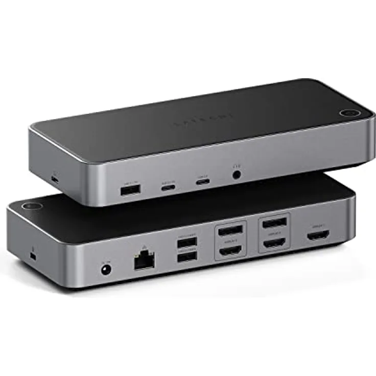 SATECHI Triple 4K Dockingstation, USB-C Dockingstation 13-in-1, mit 100W PD, 2 DisplayPort, 3 HDMI, 4 USB-C, USB-A, Gigabit-Ethernet und Audio-Buchse – Für MacBook und Windows