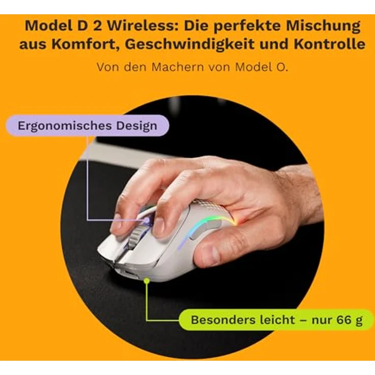 Glorious Gaming Model D 2 Wireless Gaming Mouse - superleicht 66g, bis zu 210h Batterie, 26K Opt. Sensor, 6 program. Tasten, 80 Millionen Klicks, FPS, MMO, MOBA - Mattweiß – Bild 2