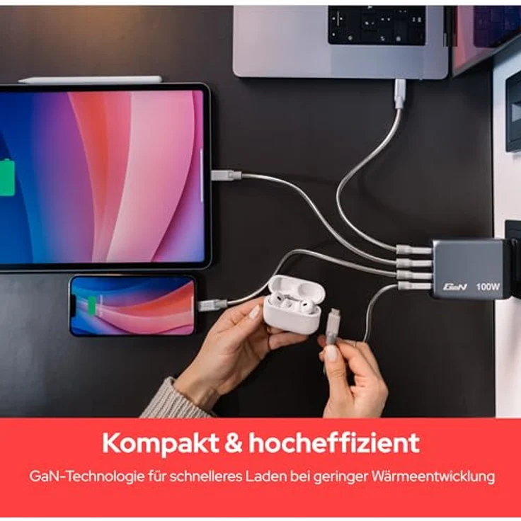 Verbatim GNC-100 GaN Charger, 100 W USB Ladegerät mit 4 Anschlüssen, Grau – Bild 5