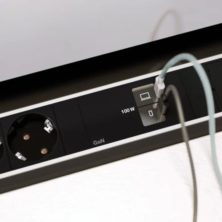 Bachmann CONFERENCEF XL 3xCEE7/3 Einbau-Tischsteckdosenleiste mit 1xUSB C/C 100W und 2xCustom Module, Schwarz, 444mm – Bild 4