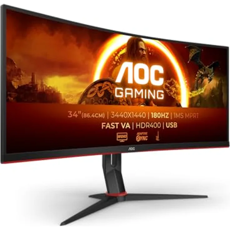 AOC Gaming CU34G2XPD 34-Zoll WQHD Curved Monitor, 180 Hz, 1 ms GTG, FreeSync Premium, HDR400, höhenverstellbar, schwarz/rot