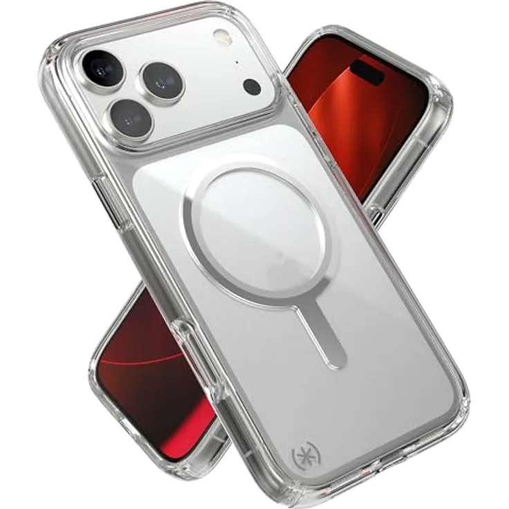Speck Presidio Perfect Clear + MS für Apple iPhone 17 Pro Max, transparente Smartphone Hülle mit Microban, MagSafe-kompatibel, UV-Schutz, bis zu 4 m Fallhöhe