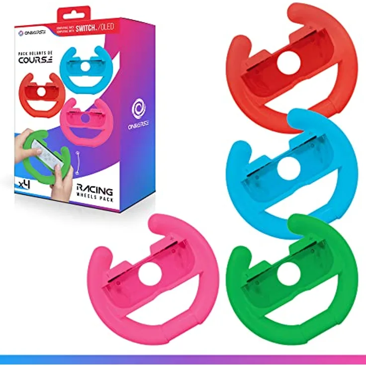 Oniverse PACK OF 4 RACING WHEEL CONTROLLER HOLDERS, Set mit 4 Joystick-Haltern in Neonfarben (Rot, Blau, Grün, Pink) für Nintendo Switch