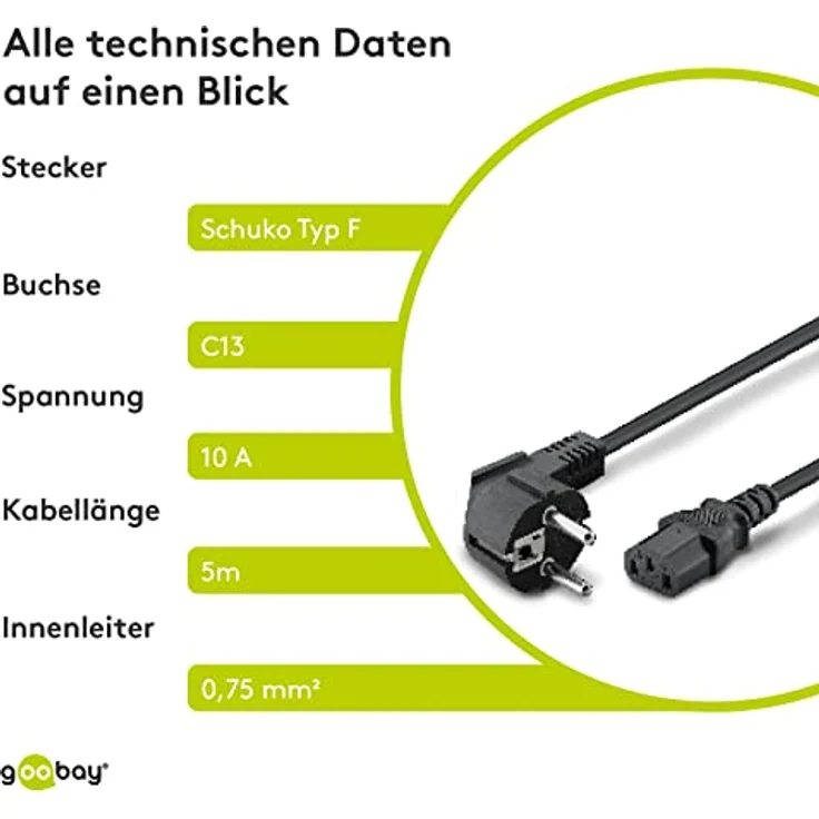 Goobay Wentronic Netzkabel abgewinkelter (Schuko auf IEC 320 C13) 5 m schwarz – Bild 6