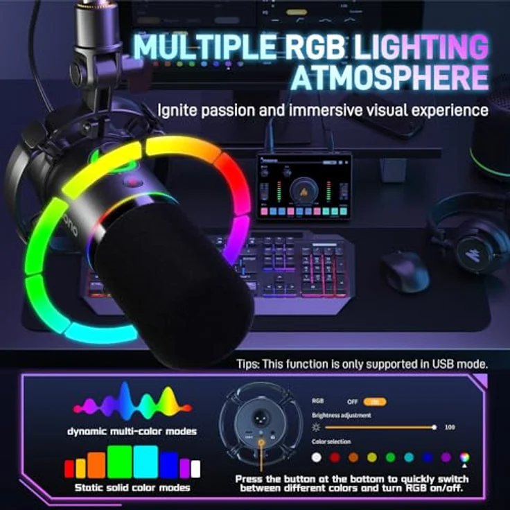 MAONO PD200X, XLR/USB Podcast Mikrofon mit RGB-Beleuchtung, dynamischer Kapsel, TIPP-zu-Stummschaltung und Kopfhöreranschluss, Metall, für Streaming und Voice-Over – Bild 4
