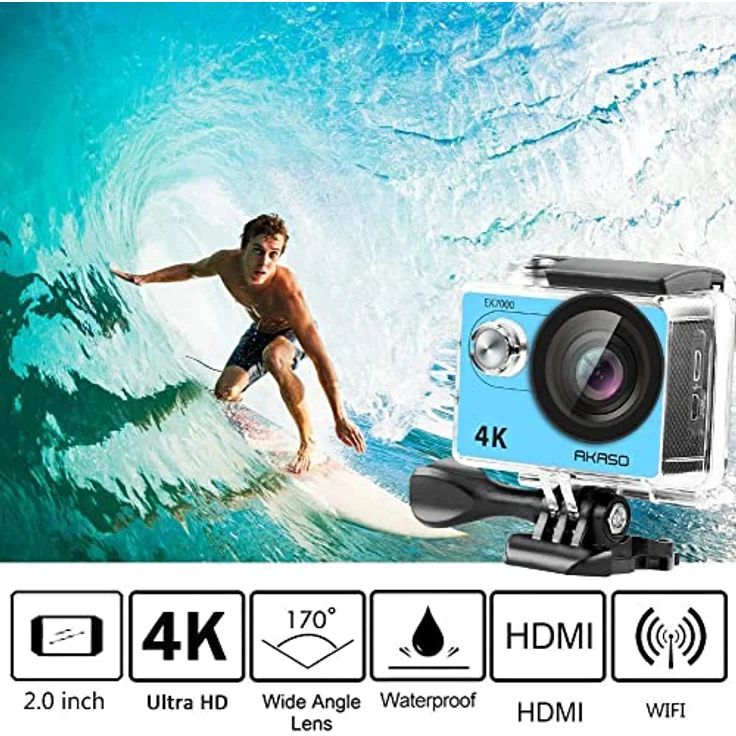 AKASO EK7000 Action Kamera, 4K 30FPS, 170° Weitwinkel, 20MP, WiFi, wasserdicht bis 30m, 2 Zoll LCD, blau, inklusive 2 Batterien – Bild 2