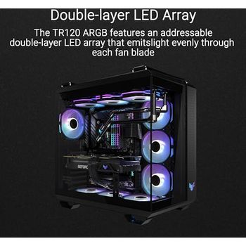 ASUS TUF Gaming TR120 ARGB Standard Blade Black 3IN1 behuizingsventilator, 3 -pack (120 mm PWM PC ventilator, 2000 rpm, 3,3 mm H2O, 77,4 CFM luchtstroom, 16 afzonderlijk adresseerbare RGB-leds, zwart