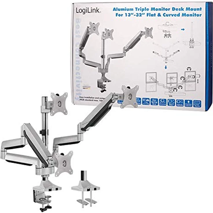 LogiLink BP0052 3-fach Monitor-Schreibtischständer 7 kg Belastung, 33,02-81,28 cm (13-32 Zoll) Silber – Bild 9